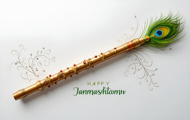 Golden flute decorated with a peacock feather and floral design for janmashtami celebration on white background