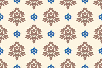 Elegant damask seamless pattern with brown and blue floral motifs on a beige background. Ideal for vintage wallpaper, fabric, and luxury design elements.