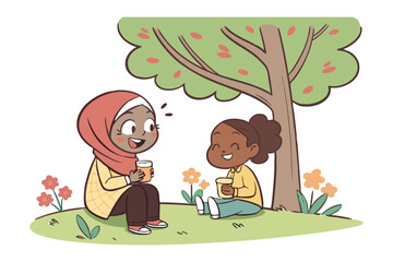 Happy moment under the tree: capturing a cheerful moment where two young girls are sitting under a tree, smiling and conversing in a scene that's filled with laughter and pure joy.