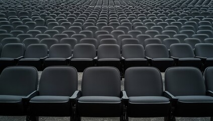 Naklejka premium Empty stadium seats, large auditorium, rows of dark gray chairs, empty venue