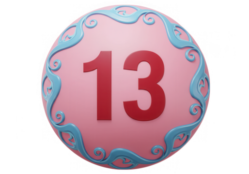 A pink ball with the number thirteen and blue decorative swirls isolated on transparent background