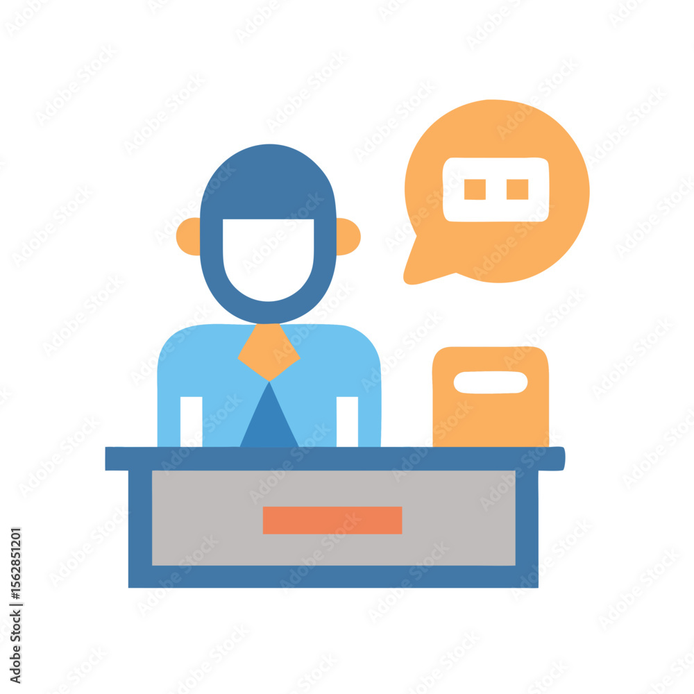 Poster simple flat design showing information desk and chat bubble