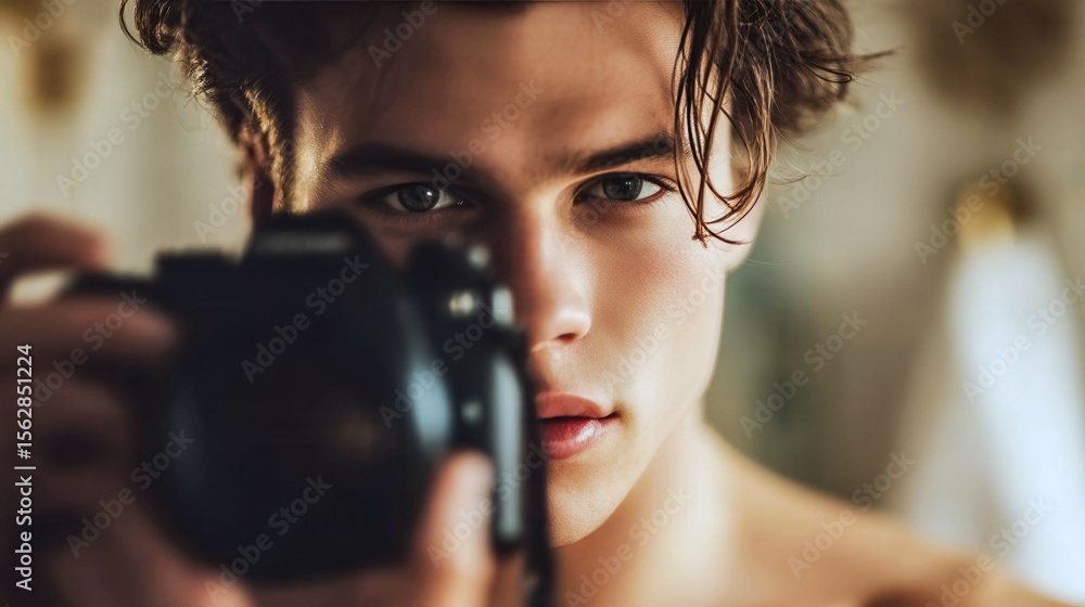 Aufkleber a man is taking a picture of himself with a camera. the camera is black and the man is wearing a shi