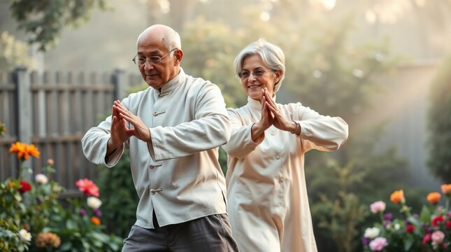 Active Senior Couple Practicing Tai Chi in a Blooming Garden
