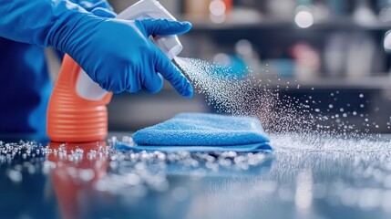 Person cleaning a surface with spray bottle