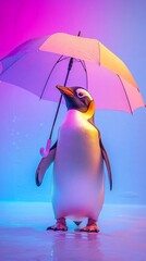 Penguin with umbrella in vibrant neon light