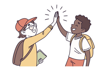 School Collaboration: A high-five moment between two diverse students, a celebration of camaraderie, teamwork, and shared accomplishment, reflecting the spirit of cooperation and the joy of learning.
