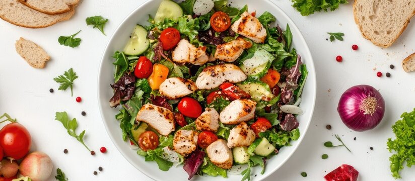 Grilled chicken salad in a white bowl, garnished with various vegetables