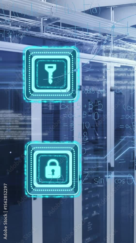 Poster animation of padlock and key icons, mathematical equations and data processing over computer servers
