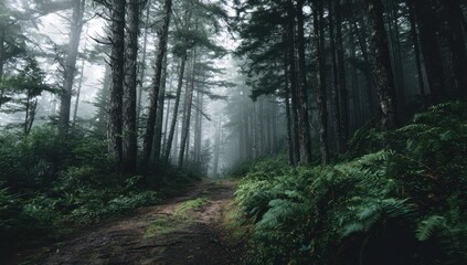 Fototapeta premium Path through the Forest, Nature Scene with Ferns, and Fog. Use for wallpaper