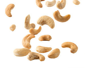 Cashews falling in the air on transparent background.