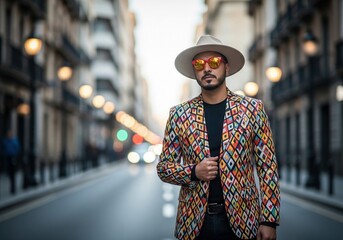 Hombre con sombrero, gafas de sol y chaqueta colorida posando con estilo en una calle urbana, concepto de moda masculina, actitud y estilo contemporáneo