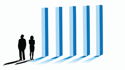 Silhouette of man and woman standing next to blue and white rectangular prisms on a white background