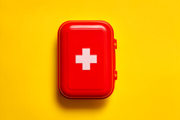 first aid kit, Vibrant Red Emergency Aid Kit on Yellow Background
