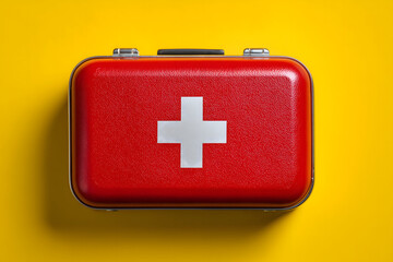 first aid kit, Vibrant Red Emergency Aid Kit on Yellow Background