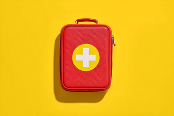 first aid kit, Vibrant Red Emergency Aid Kit on Yellow Background