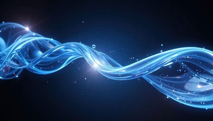 3d abstract liquid glass transparent ribbon wave line on dark blue background. Render gradient water tape, fluid flow curve shape with flare and light refraction on neon black 3D illustration

