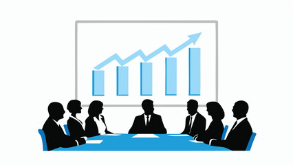 Illustration of business meeting with graph showing upward trend in a boardroom setting discussion session