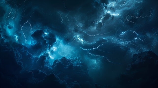 A dramatic sky filled with dark clouds and bright blue lightning strikes illuminating the scene at night - Powered by Adobe