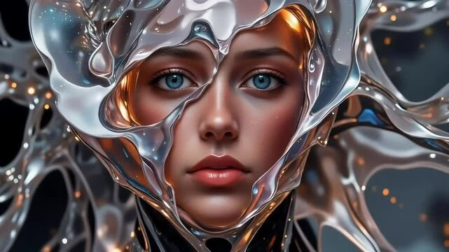 Close-up of a woman's face with a metallic liquid mask and piercing blue eyes revealing smooth skin and synthetic features. A concept of future AI beauty and identity