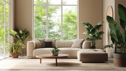 Beige living room with large windows, lush plants, and modern furniture, for interior design inspiration