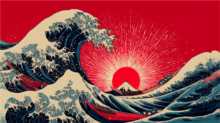 The great wave off kanagawa painting reproduction vector illustration. Old Japanese artwork with big wave and mountain Fuji and red sky on the background