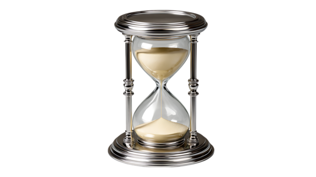 Elegant silver hourglass with flowing sand on a black background symbolizing time and measurement