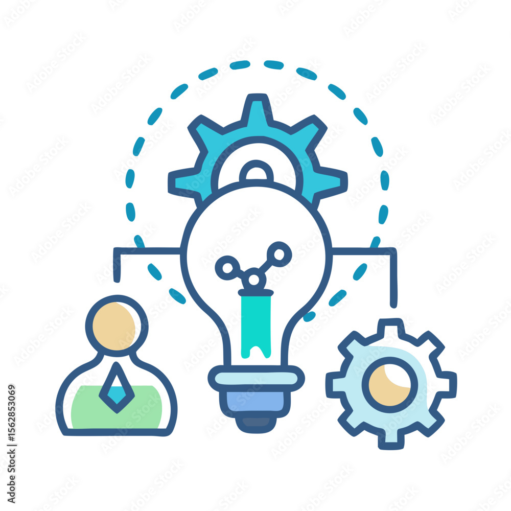 Poster creative problem solving icon with lightbulb, person and gears