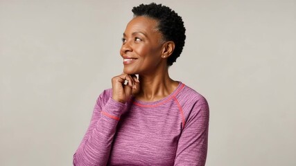 Mature African American Woman Thinking Smiling in Studio Light with Purple Outfit and Neutral Background - Powered by Adobe