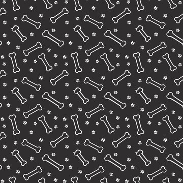 A seamless pattern featuring white outlines of bones and paw prints on a dark gray or black background. The bones are elongated and stylized, while the paw prints are small and scattered between them.
