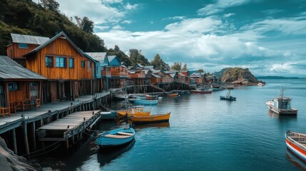 Colorful Wooden Houses on Stilts by Calm Bay