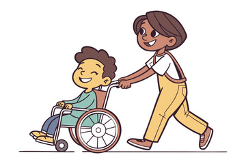 Friendship in Motion: An illustration capturing the essence of camaraderie as a child cheerfully pushes a wheelchair-bound friend, embodying the spirit of companionship and support.