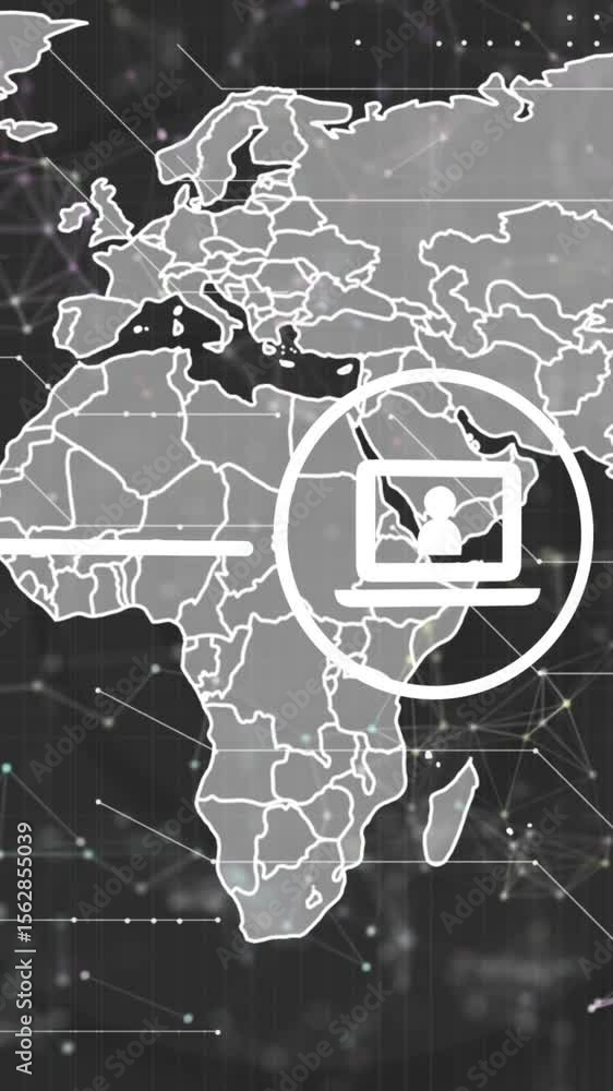 Poster animation of network of digital icons over world map against grey background