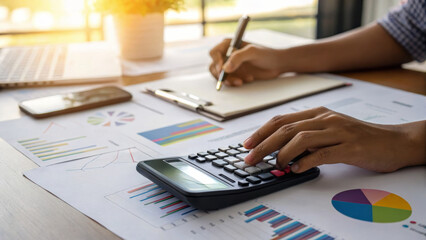 Naklejka na ściany i meble Tax finance budget, Financial accounting concepts. high angle close up shot captures person using calculator, analyzing financial . Payment, Debt, Penalty, Credit, Bill, Businessman, Office, Money