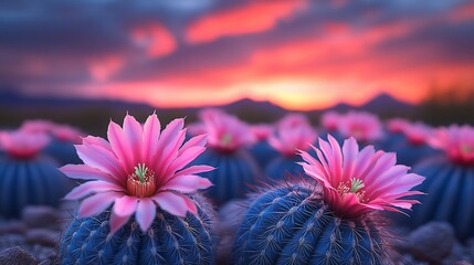 Pink cactus blossoms at sunset