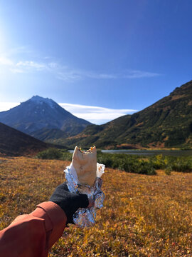 Hand holding burrito with mountain background view