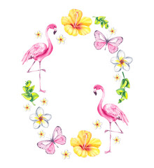watercolor wreath featuring summer flowers, flamingo, butterflies, and hibiscus. Perfect for cards, packaging, scrapbooking, and playful seasonal designs. Bright and cheerful summer vibe