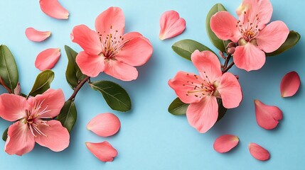 Pink blossoms on a light blue background