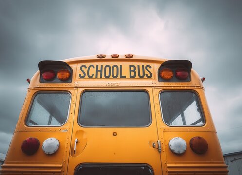 yellow school bus back view with filmmaker on roof