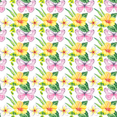 Seamless watercolor pattern with summer flowers and butterflies. Ideal for fabric, packaging, stationery, wrapping paper, and seasonal digital designs. Bright, delicate, and elegant style