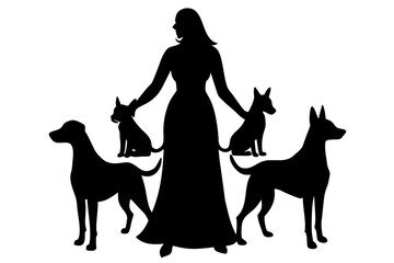 Silhouette Vector Art Illustration of a Woman Standing with Four Dogs