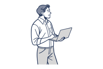 Man Working on Laptop: A young man with short brown hair is shown in profile view, using a laptop. He's dressed in a simple light shirt and pants. The illustration is clean and modern.