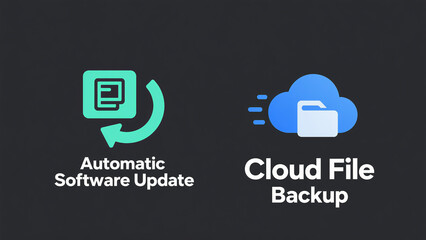 Software updates and cloud folder icons represent automatic software updates and cloud file backups, used for software maintenance and data storage scenarios.