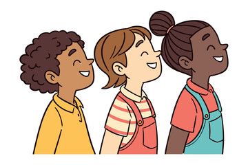 Joyful Youth: Three diverse children, united in shared delight, gaze skyward with hopeful smiles, symbolizing innocence and shared dreams. 
