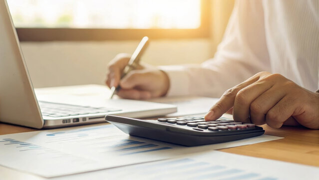 Tax finance budget, Financial accounting concepts. Businessman hand using calculator and writing paper with laptop, financial . Payment, Debt, Penalty, Credit, Bill, Businessman, Office, Money