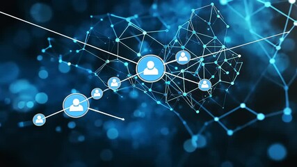 Abstract digital network connections with blue nodes and lines representing data exchange and communication - Powered by Adobe