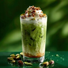 Refreshing dessert drink with layers of cream and pistachio flavor served in a tall glass