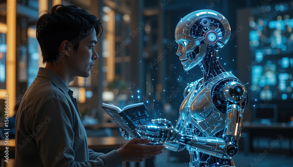 Poster .a humanoid robot ai agent hologram sharing knowledge with a human during the singularity symbolizin