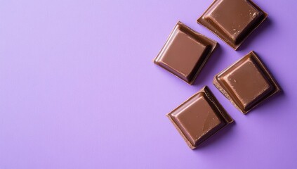 Four squares of dark chocolate on a vibrant purple background