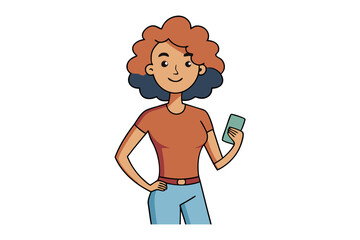 A Woman Holding a Smart Phone: Illustration depicts a stylish woman, exuding modern confidence and a cheerful demeanor, engrossed with a mobile device.